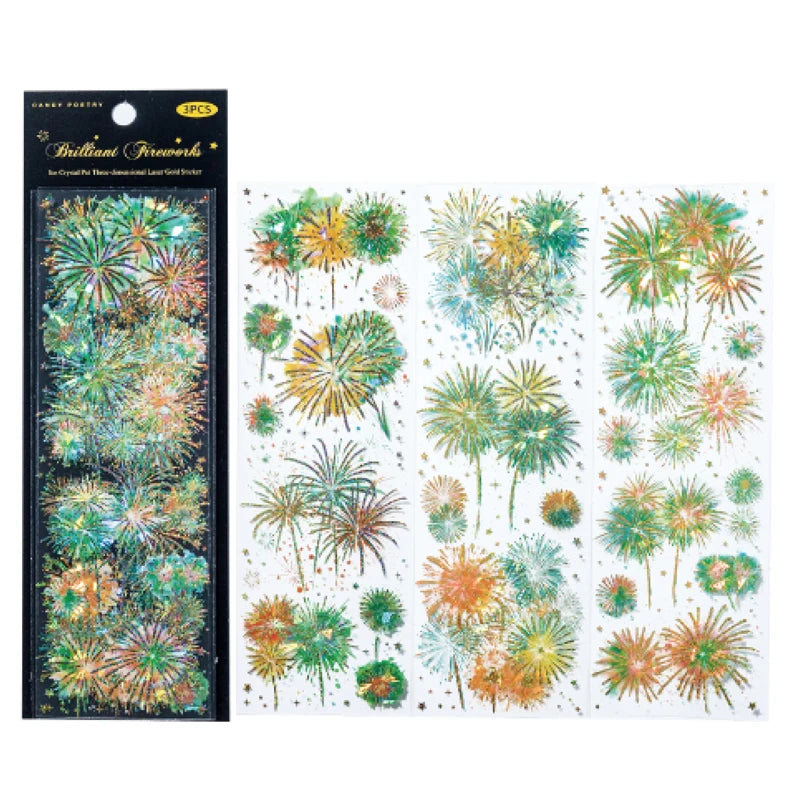 Sticker Pack 3 Sheets/Bag Dazzle Fireworks ThreeDimensional Laser Gold Flat Sheet PET Stickers Handbook Stationery DIY Decorate Qme