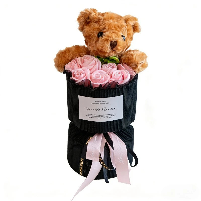 Valentine's Day Rose Bear Bouquet Artificial Flower Cute Decor Qme Pink