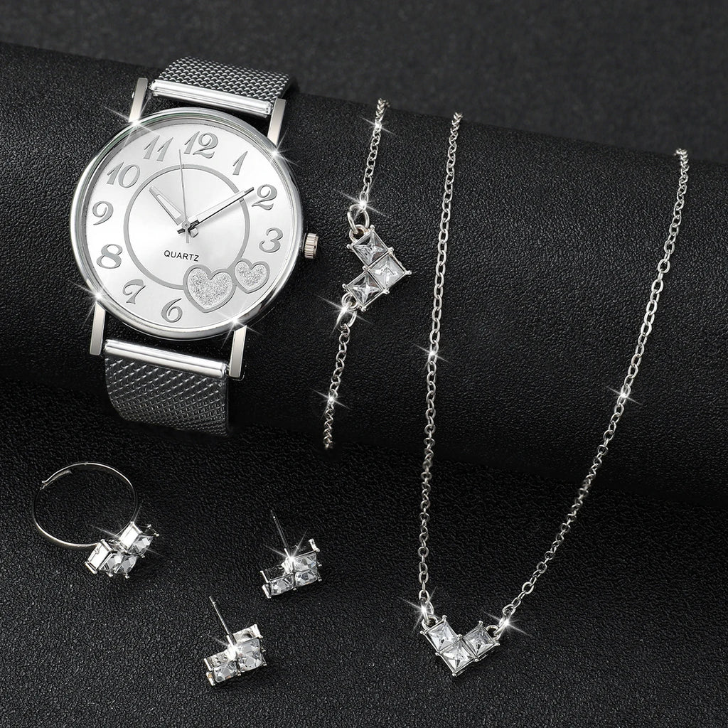 6 Pçs/set Moda Coração Dial Relógio de Quartzo Feminino Casual Banda de Plástico Relógios Strass Conjunto de Jóias (Sem Caixa) Qme