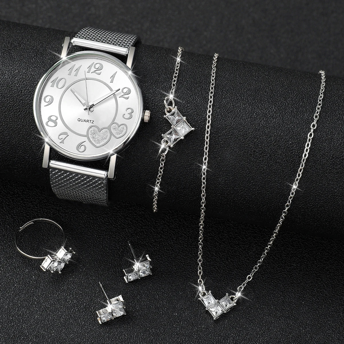 6 Pçs/set Moda Coração Dial Relógio de Quartzo Feminino Casual Banda de Plástico Relógios Strass Conjunto de Jóias (Sem Caixa) Qme