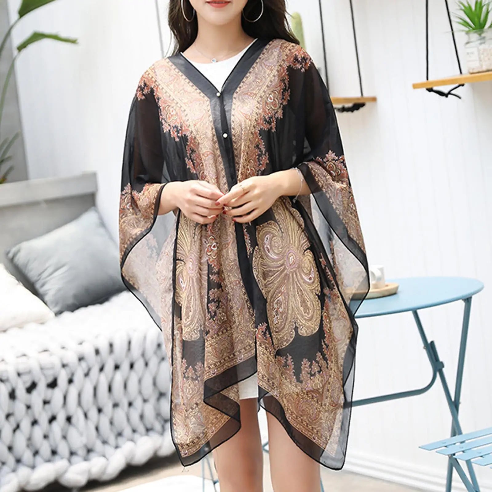 Woman Chiffon Blouse Fashion Women Scarf Shawl Printed Sunscreen Sun Protection Shawl Beach Shawl Soft Loose Bikini Cover Tops Qme