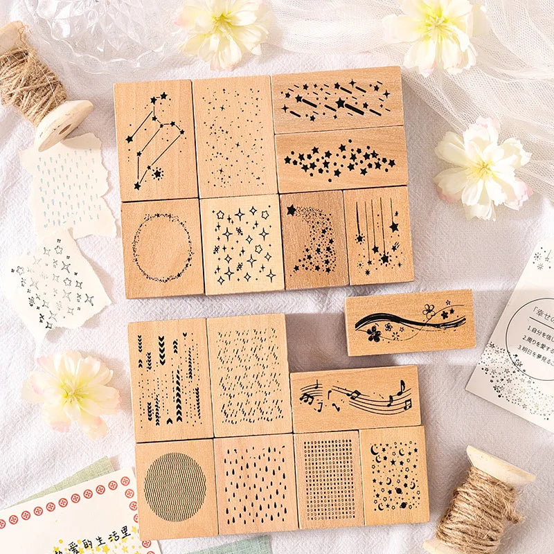 8 pcs Vintage Wooden Rubber Stamp Meteor Shower Theme Printed DIY Decor Scrapbooking Albums Wood Seal Daily Planner Stationery Qme