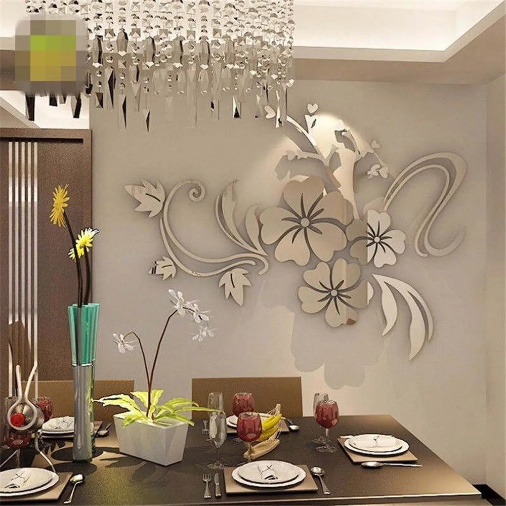 3D Mirror Floral Art Removable Wall Sticker Acrylic Mural Decal Home Room Decor Solid Color Flower Pattern Wall Sticker Qme Silver