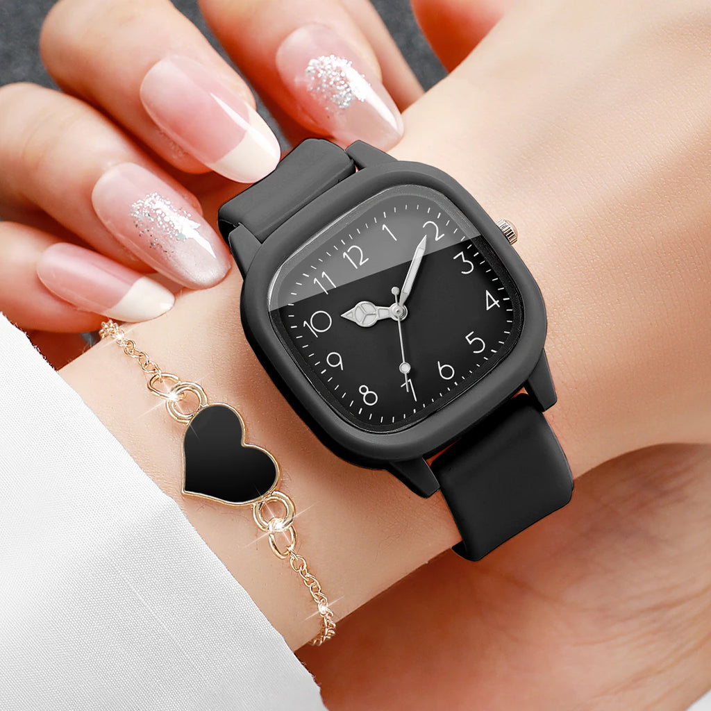 Women 4 In 1 Watch Jewelry Set Square Silicone Watch Black Heart Necklace Bracelet Earrings Elegant Ladies Quartz Wristwatch Gif Qme