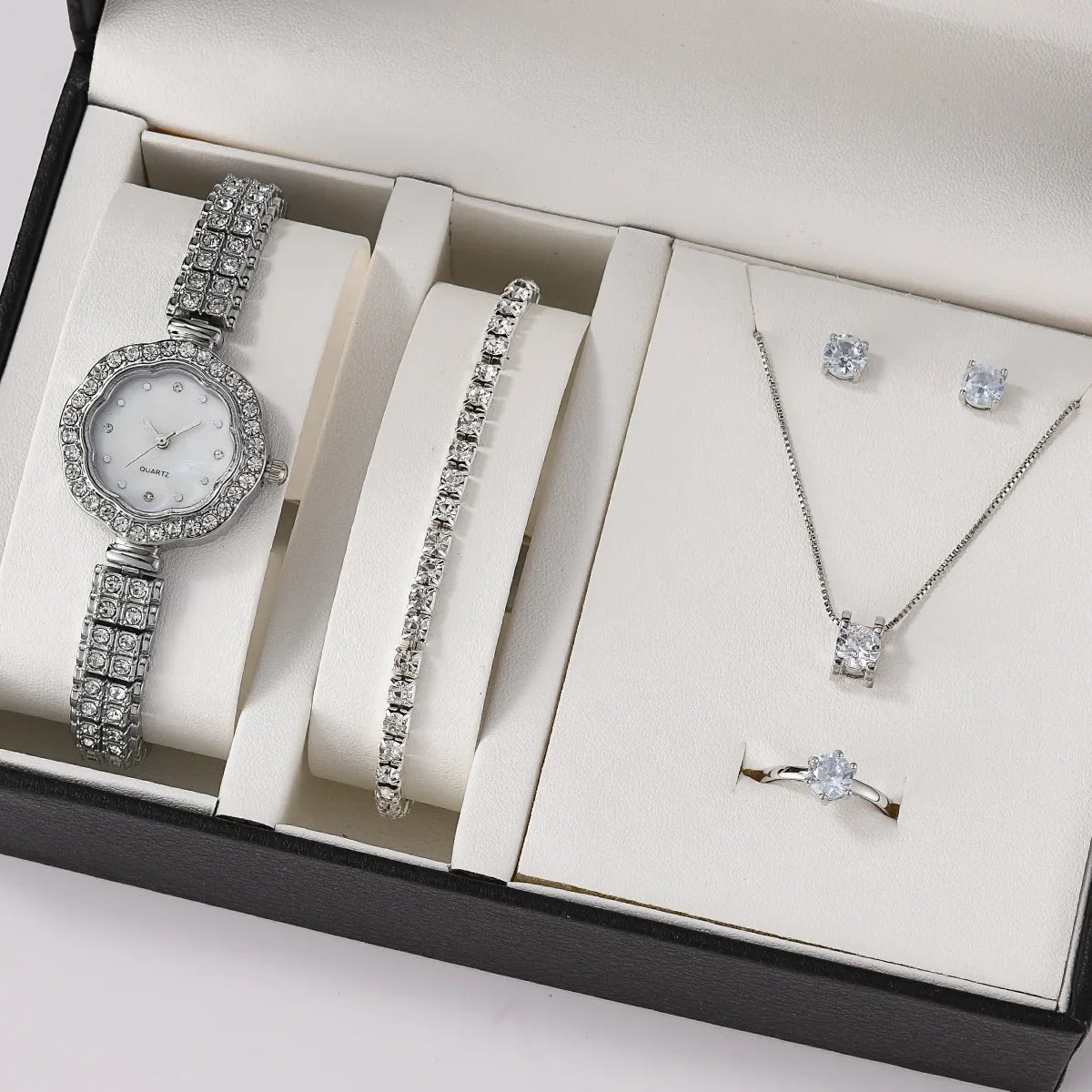 Women Quartz Watch Luxury with Diamonds Simple Stainless Steel Strap Clock Ring Necklace Earrings Rhinestone Set Reloj (no Box) Qme Y2