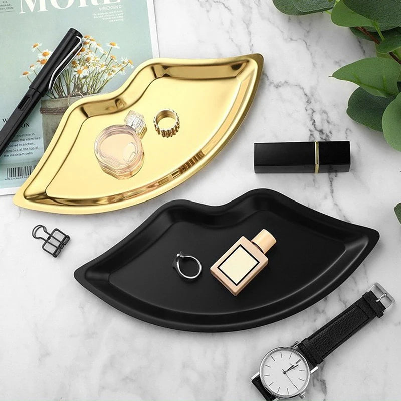 Tray Decorative Home Cosmetics Lip Shaped Jewelry Stainless Steel Qme
