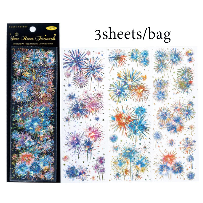 Sticker Pack 3 Sheets/Bag Dazzle Fireworks ThreeDimensional Laser Gold Flat Sheet PET Stickers Handbook Stationery DIY Decorate Qme 2