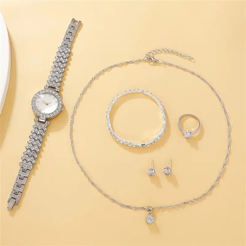20266PCS Set Luxury Watch Women Ring Necklace Earring Rhinestone Fashion Wristwatch Casual Ladies Watches Bracelet Set Clock Qme