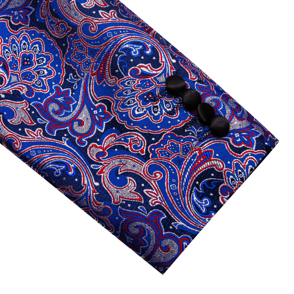 Men's Blue Red Paisley Jacquard Shawl Lapel Tuxedo Blazer Single Qme