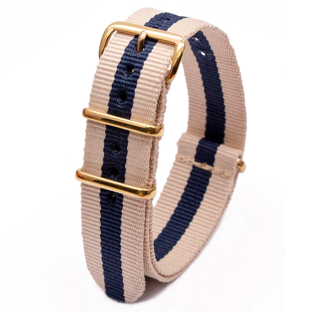 High Quality Luxury Striped Nylon Smart Watch Strap 18MM 20MM 22MM Gold Square Buckle Wear-resistant Woven Strap Qme 2White1Blue 24mm