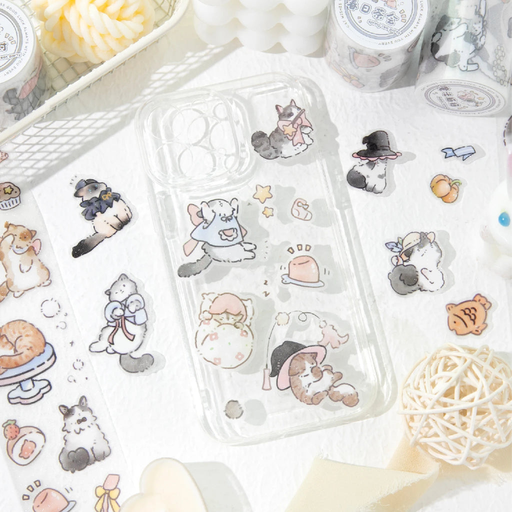 1 Roll Kawaii Cute Line Drawing Cat Theme Glitter PET Tape for Scrapbooking DIY Background Decor Collage Phone Case Notebook Qme