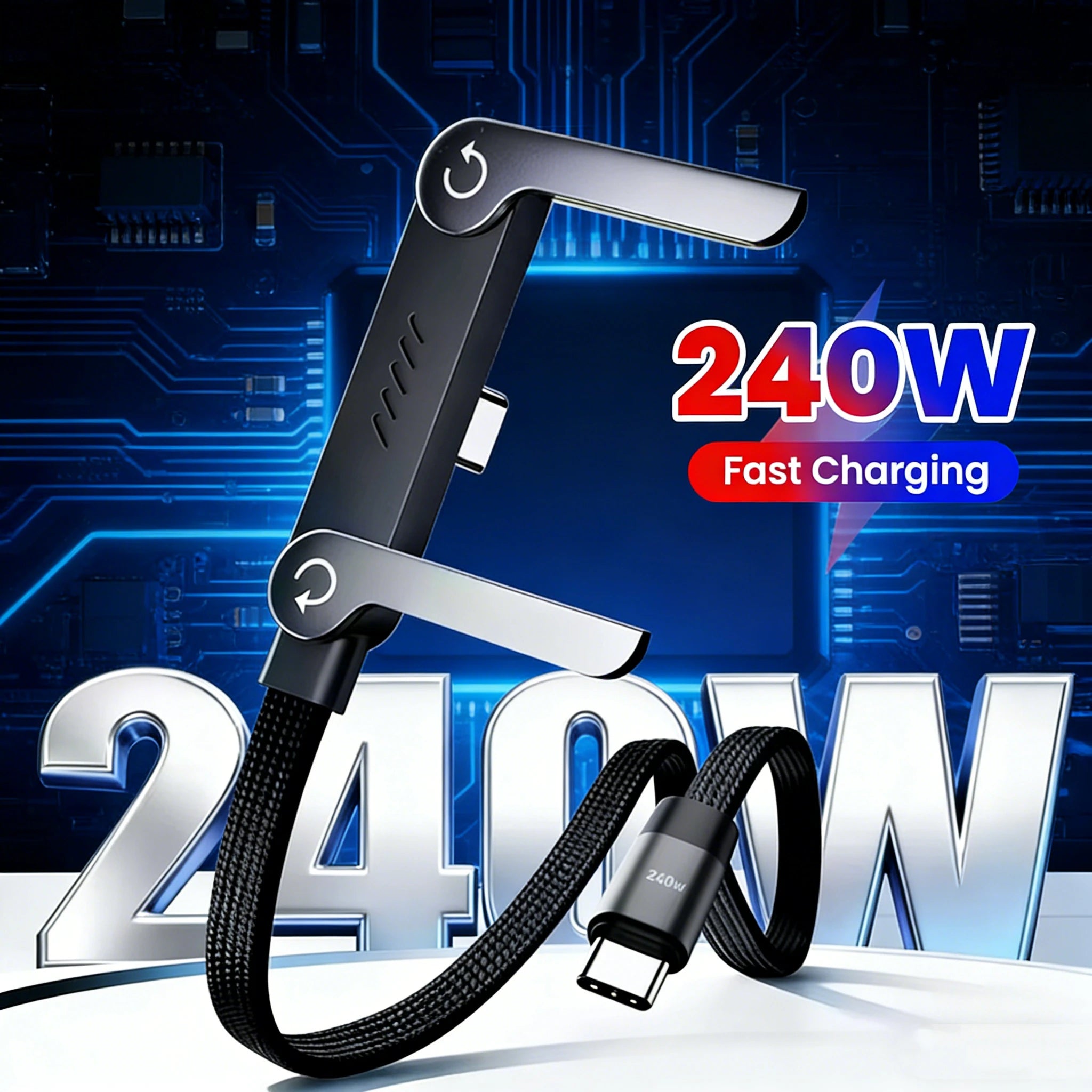 USB C to Type C 240W 2 IN 1 Cable Foldable Holder Data Cord Fast Charging Braided Elbow PD Wire For iPhone 17 16 Samsung Xiaomi Qme
