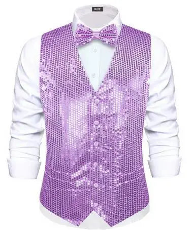 Men's Shiny Sequin Vest Matching Bow Tie 3 Vibrant Options Parties Qme 3235 S