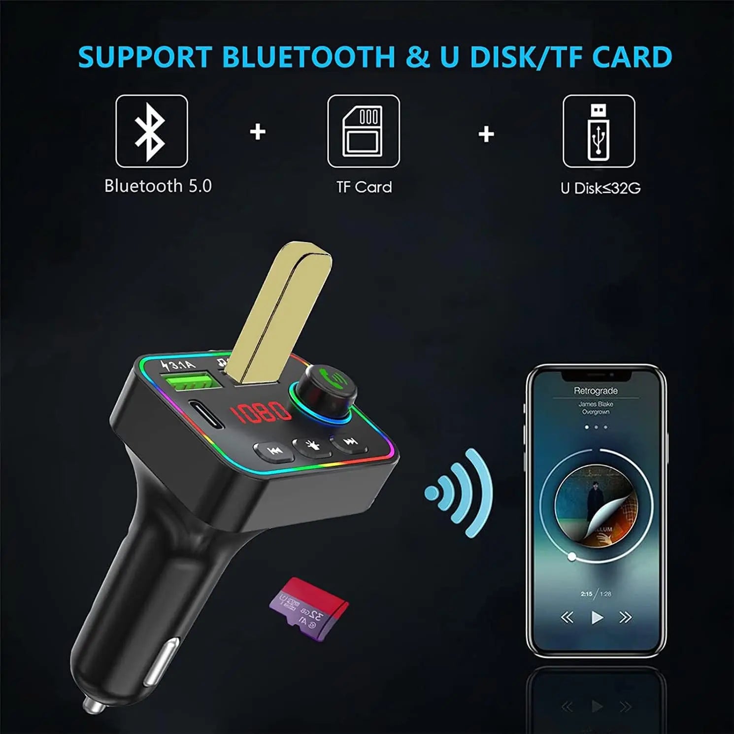 Bluetooth FM Transmitter for Car, Bluetooth 5.0 Car Mp3 Player with Led Display,7 Color Backlit Dual USB Car Radio Adapter Qme