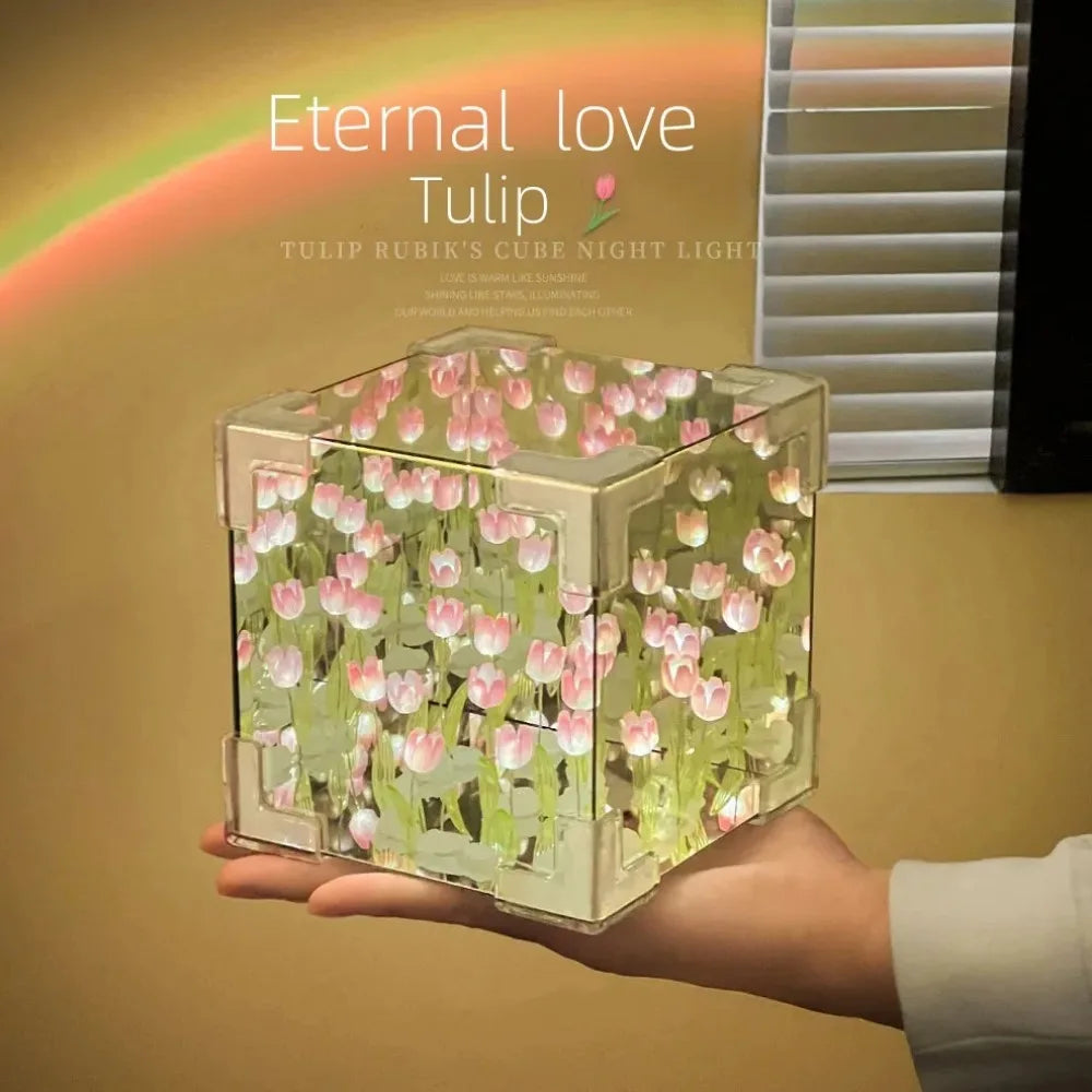 DIY Tulip Mirror Cube Lamp Simulation Flower Bedroom Sleeping Table Qme