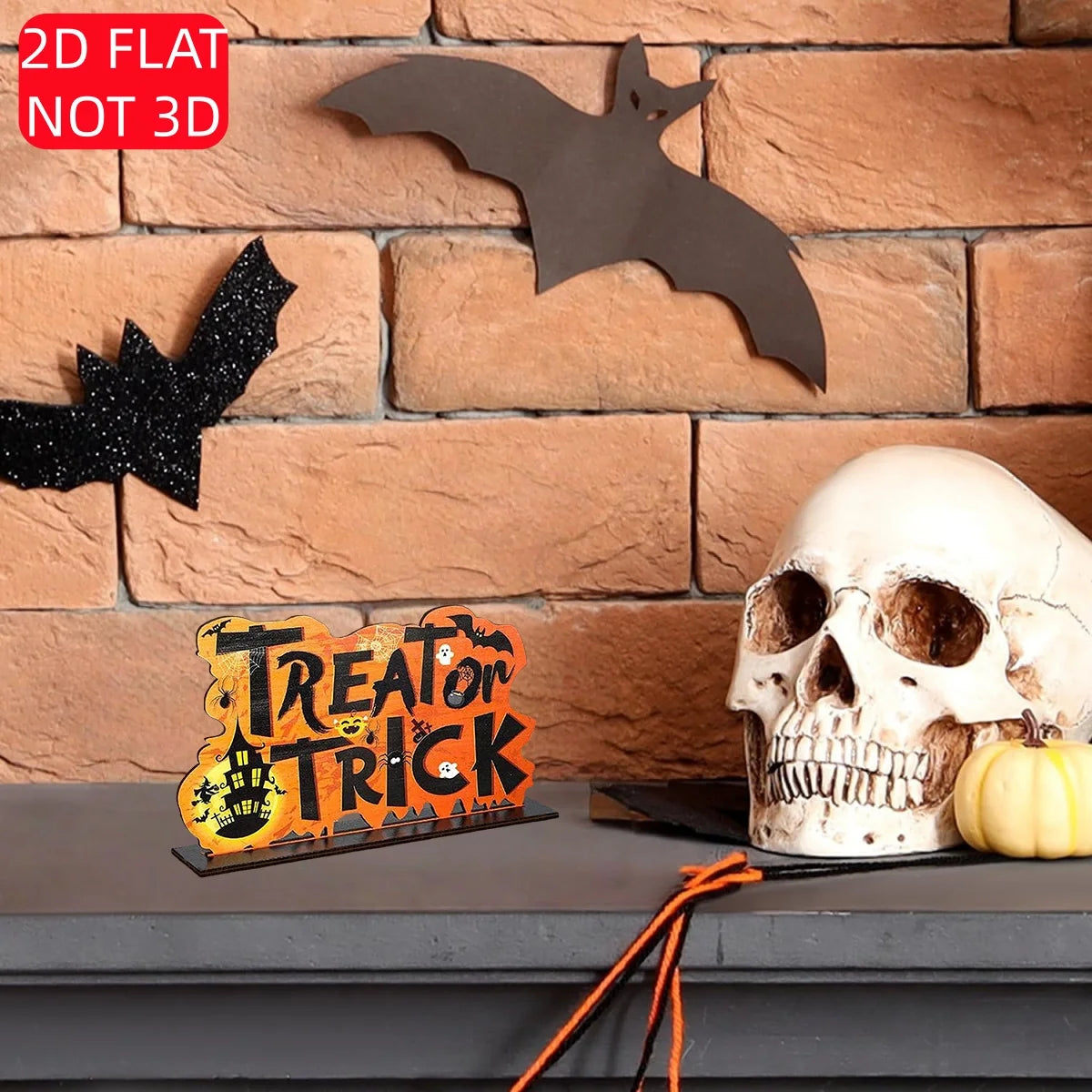 Halloween 2D flat wooden tabletop logo, "Trick or Treat" haunted house ghost bat spider and pumpkin, Halloween decoration Qme