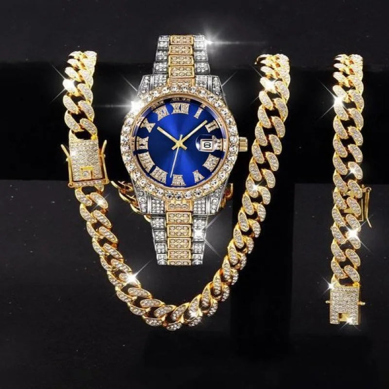 Men's Hip Hop Iced Out Jewelry Combo, Two-tone Gold Silver Plated Diamond Watch + Cuban Chain + Bracelet, Fashion Accessory Qme