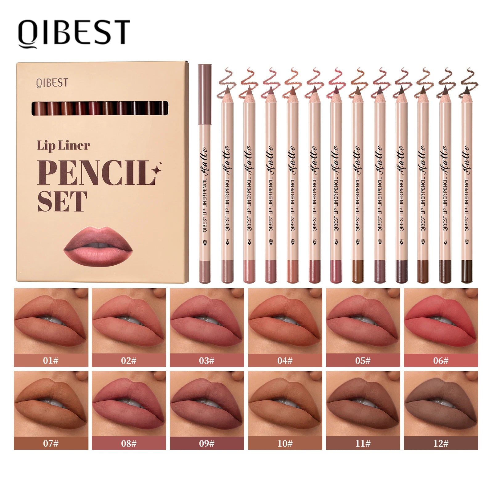 QIBEST 12 Colors Matte Lipstick Lipliner Pen Makeup Sets Waterproof Lasting Lip Liner Pencil Contour Lipstick Pen Lip Cosmetics Qme Lipliner Kits