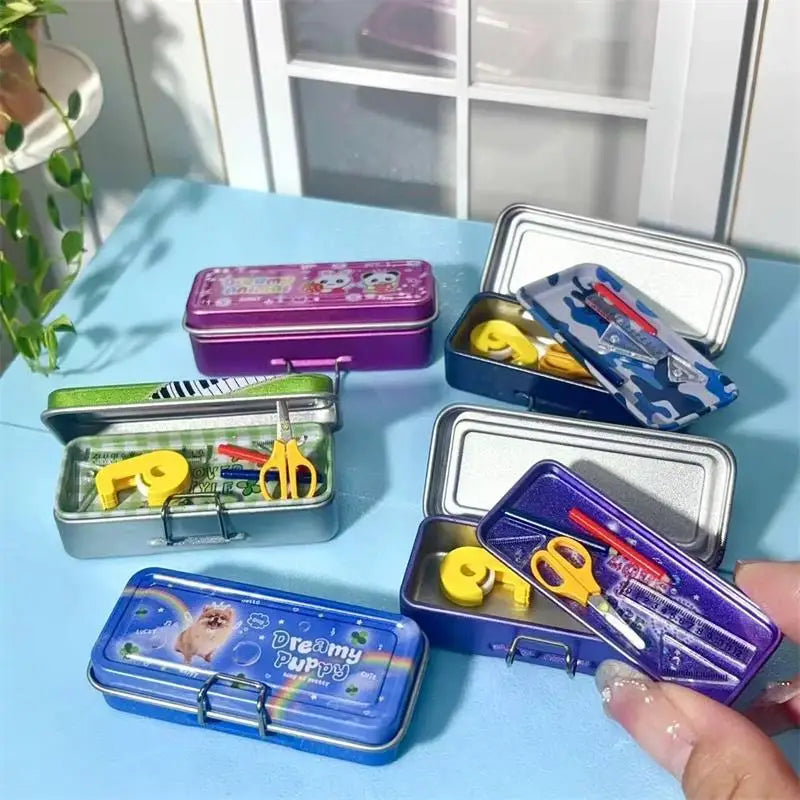 Dollhouse Miniature Double Layer Iron Pencil Box Pen Ruler Measuring Qme