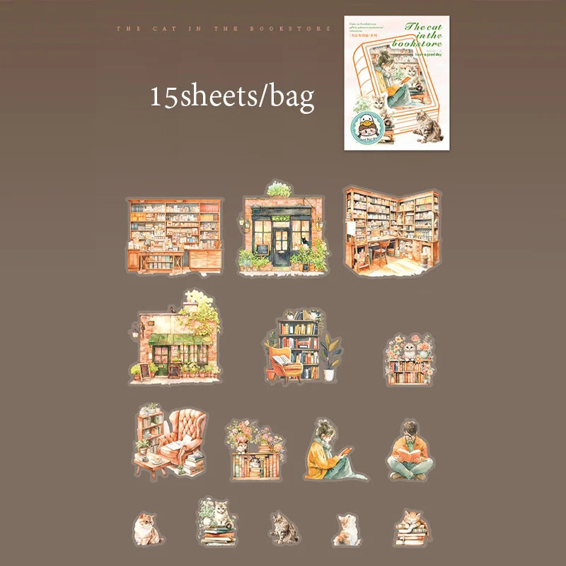 Sticker Pack 15 Sheets/Bag Bookstore Reading Cat Scrapbook Stationery DIY Journal Phone Case Notebook Decoration Qme 6