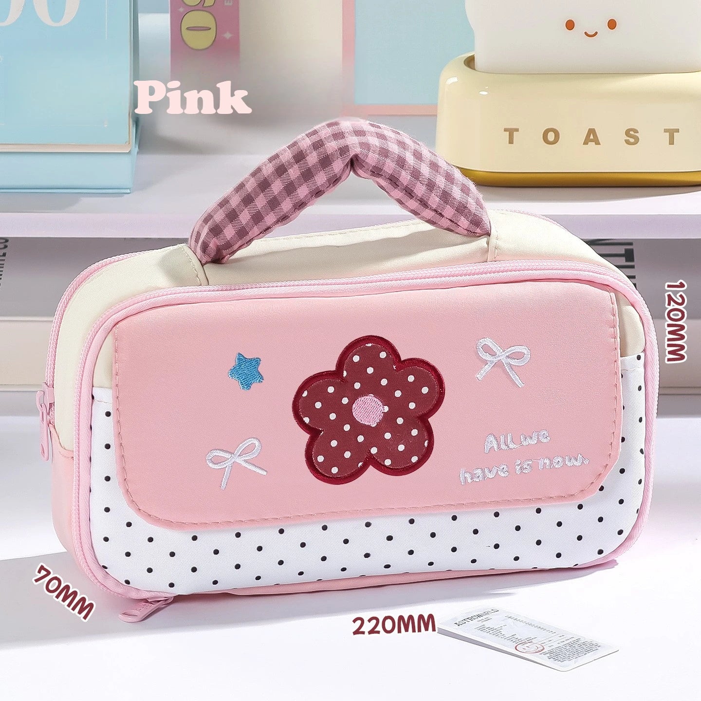 Cute Polka Dot Pencil Box Soft Handle Multi Pocket Stationery Bag Qme Pink