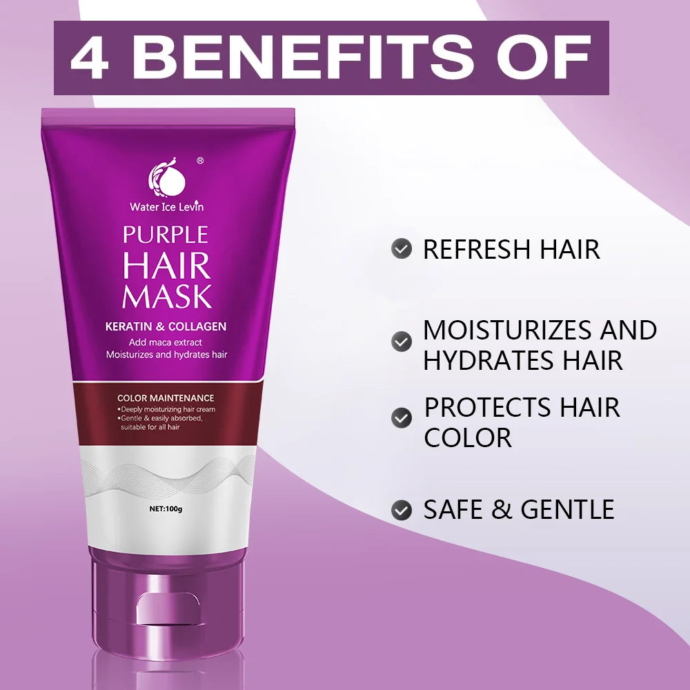 Water Ice Levin New Purple keratin biotin hair mask, repair damaged frizz, 10 seconds softness nourishment, straight hair care Qme