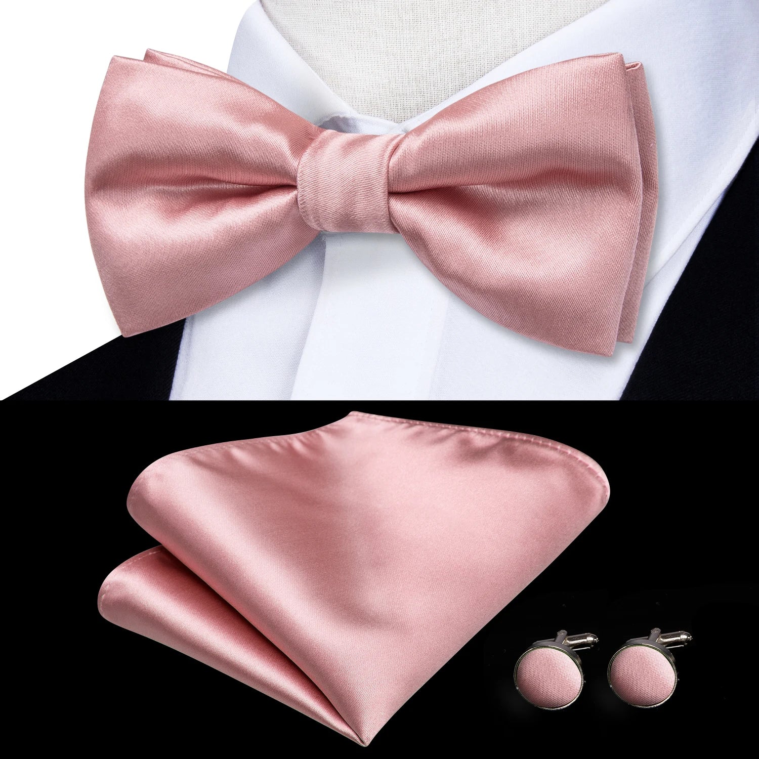 Hi-tie Pink Dot Silk Mens Pre-tied Bow Tie Hanky Cufflink Dusty