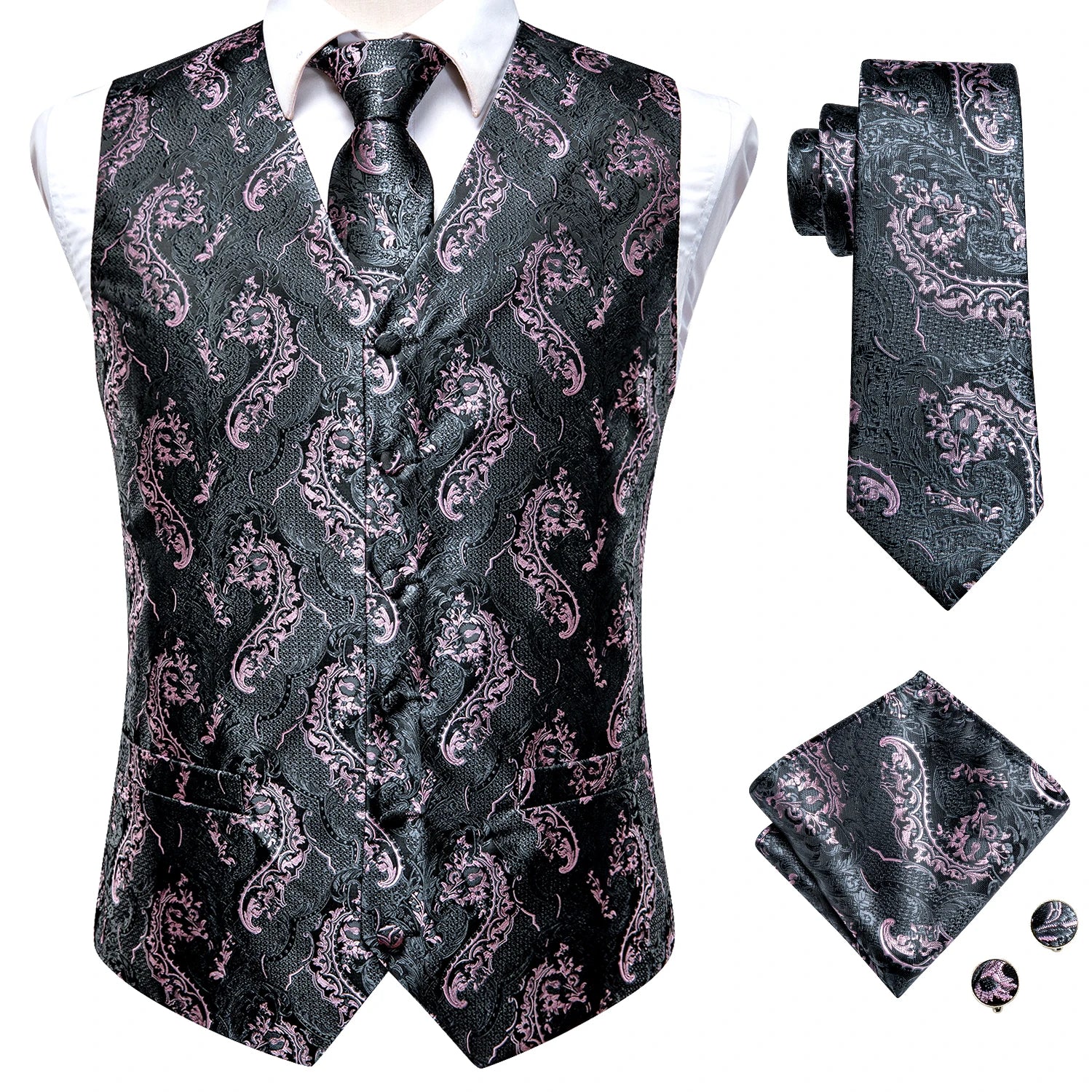 Hi-tie Silk Mens Suit Vests Woven Black Paisley Waistcoat Tie Pocket Qme MJ-0034 XL