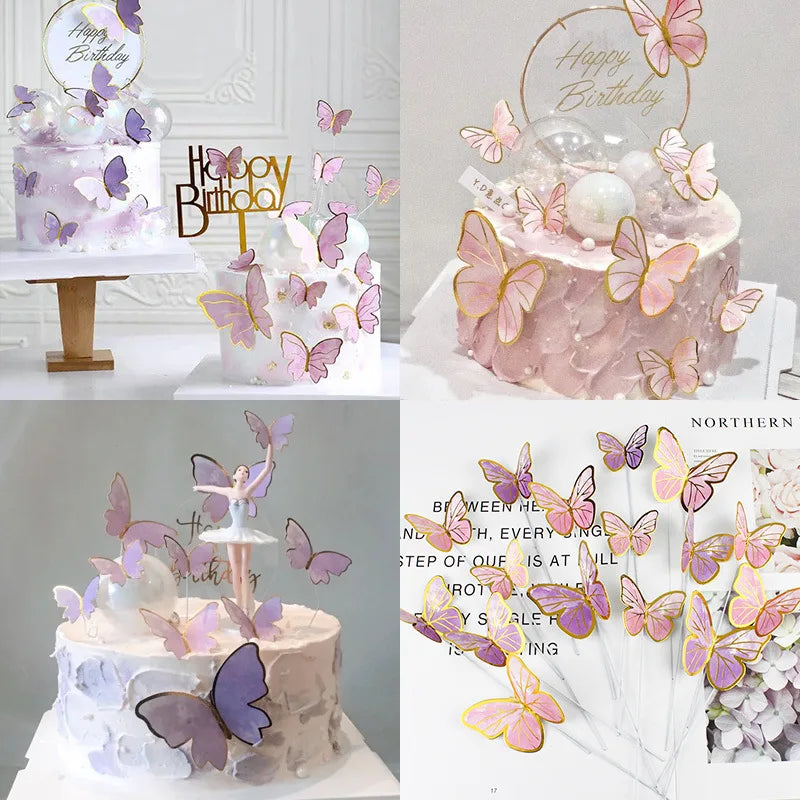 10Pcs/Set Butterfly Cake Toppers Painted Butterfly Birthday Cakes Wedding Party Baking Supplies Fairy Decoration Plug-in Card. Qme