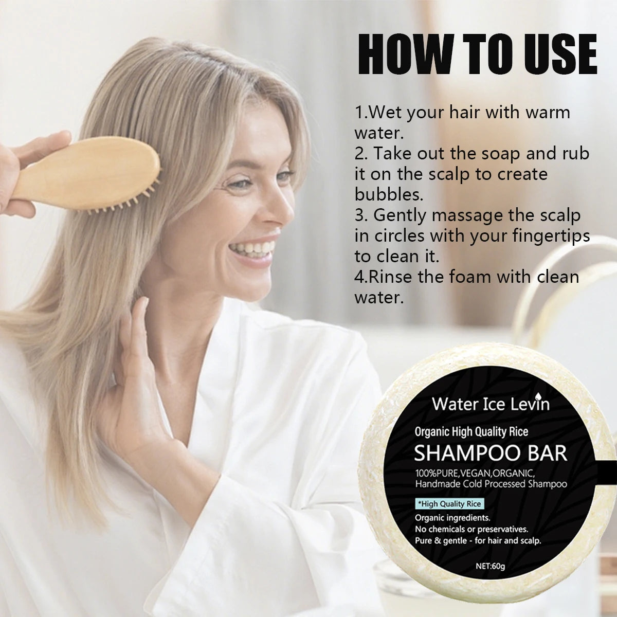 Organic High Quality Rice Shampoo Bar Handmade Cold Processed, Chemical-Free with Shea Butter & Coconut Oil for All Hair Types. Qme