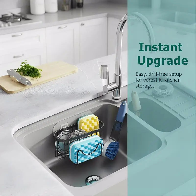 Sink Organizer - Stainless Steel Suction Sponge Stand - Fast-Draining, Easy-Clean Holder with Hook for Modern Kitchens Qme