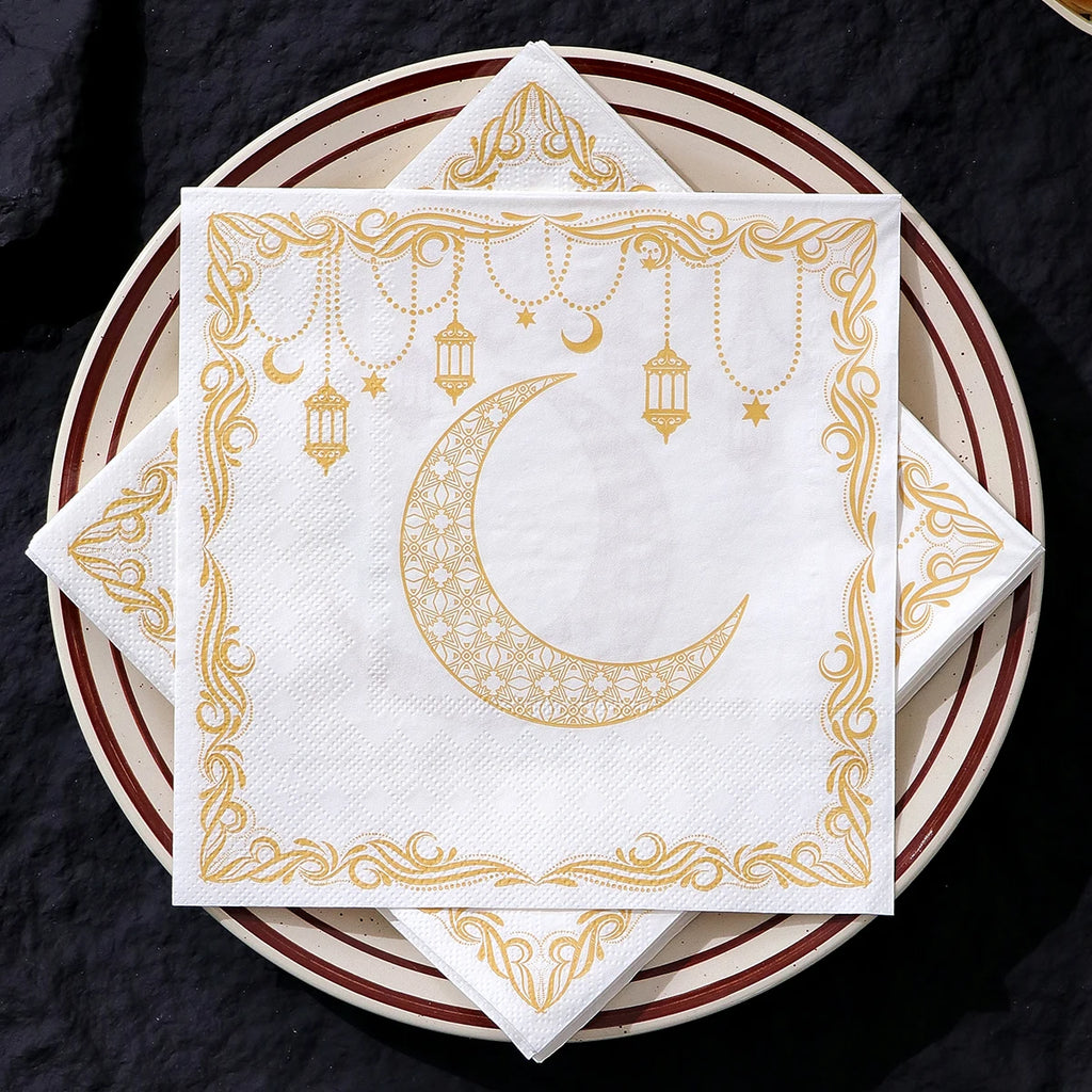20 Elegant Disposable Ramadan Party Napkins Featuring a Yellow Moon Lantern Design, Perfect for Eid Celebrations, Home, Kitchen Qme