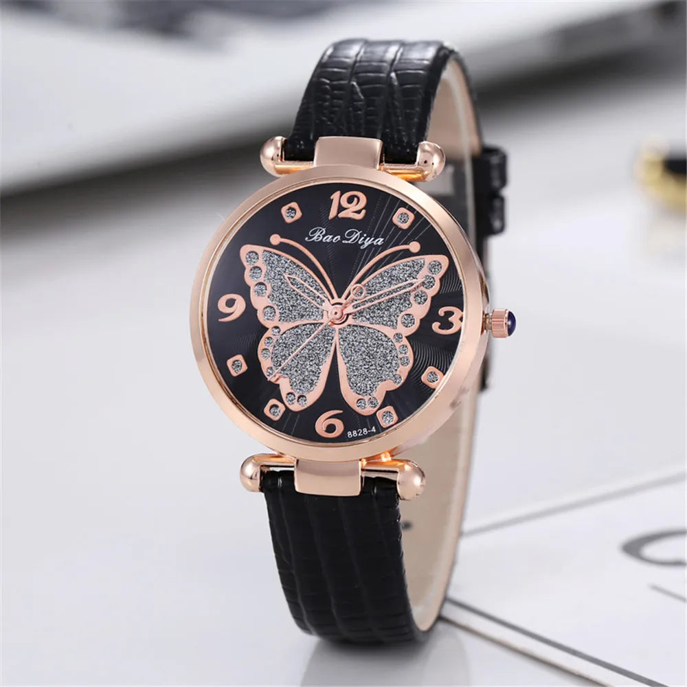 Casual Round Pointer Quartz Watch Cute Rhinestone Butterfly Pattern Dial Analog Dress Watch, Gift For Women Girls Qme black
