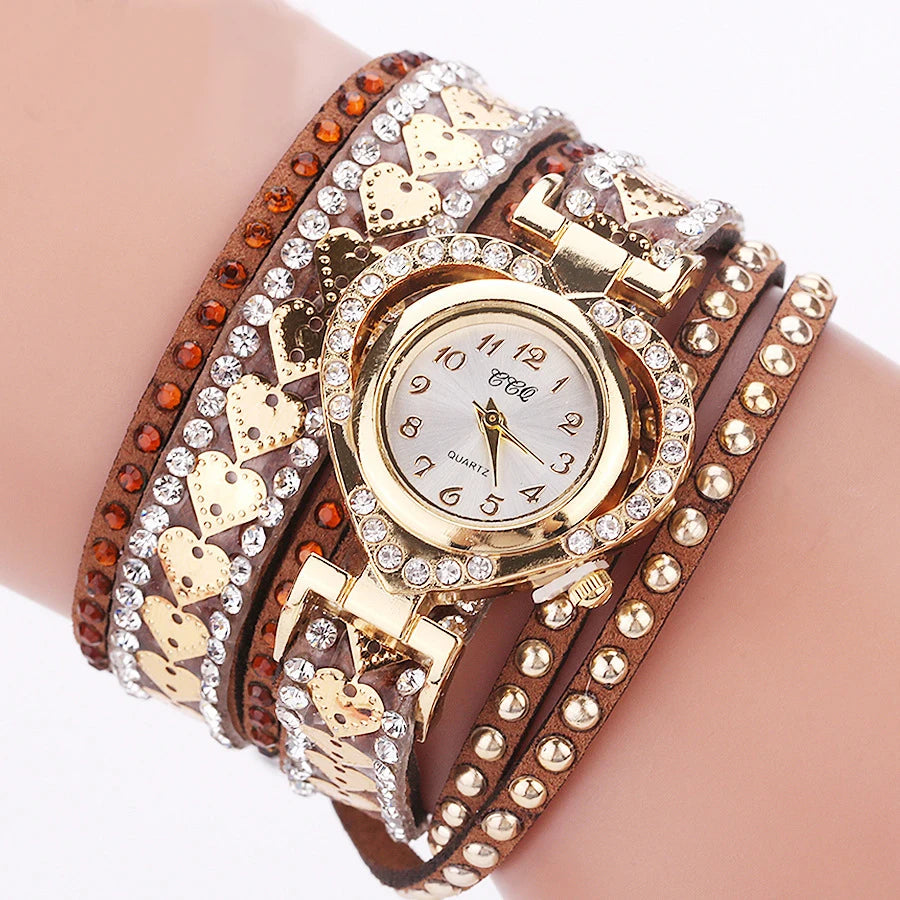 Diamond studded watch for women, heart-shaped dial, looped bracelet, full diamond long rope wrapped watch for women Qme Brown