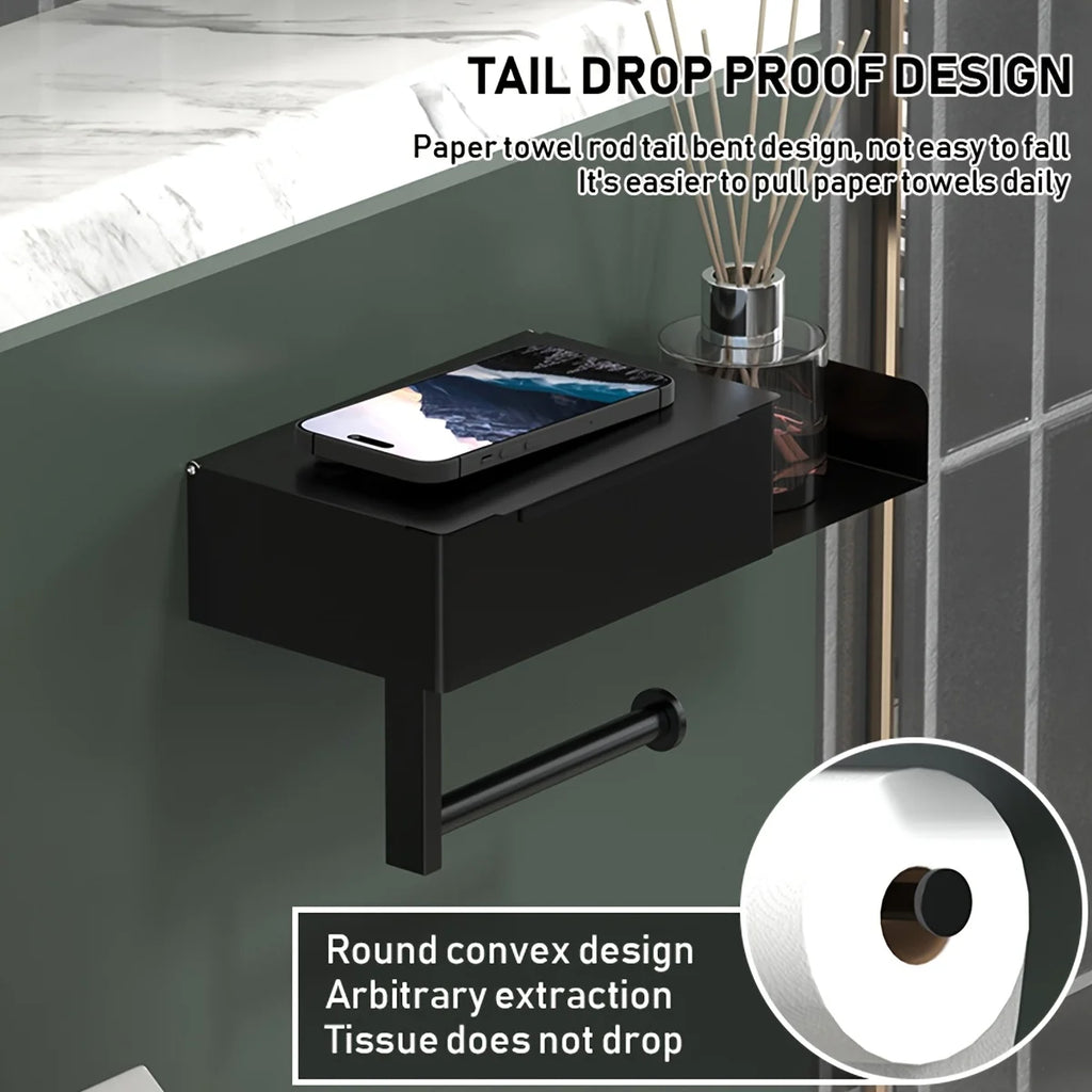 Wall-Mounted Toilet Paper Holder with Smartphone Stand - Modern Bathroom Tissue Dispenser, Essential Bathroom Organizer Qme