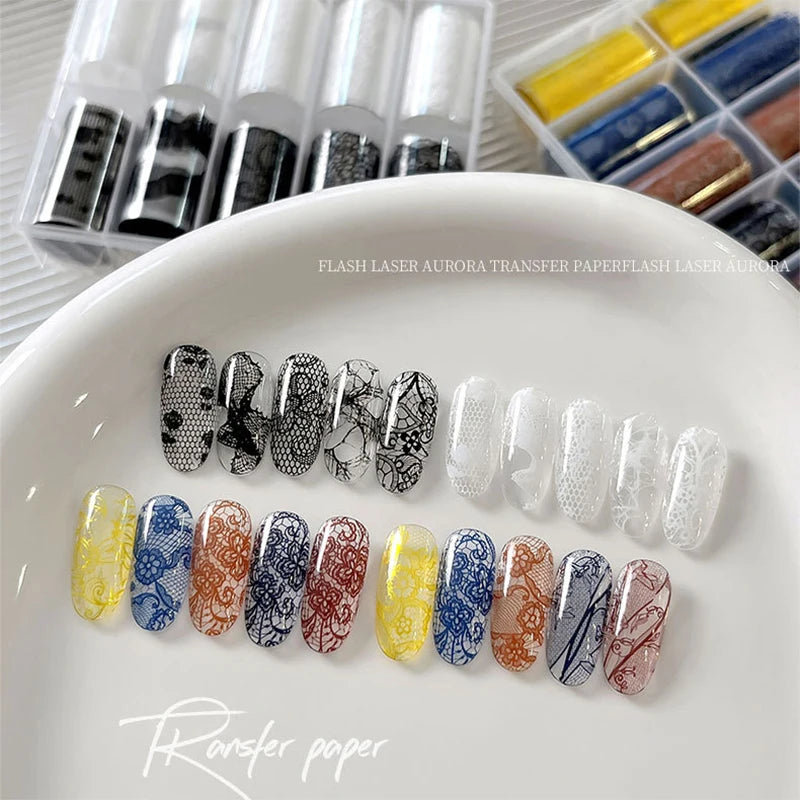 10 Rolls Vintage Lace Nail Art Transfer Paper, Retro French Pure Mixed Style Nail Decals, 50cm Water Decal for Nail DIY Manicure Qme