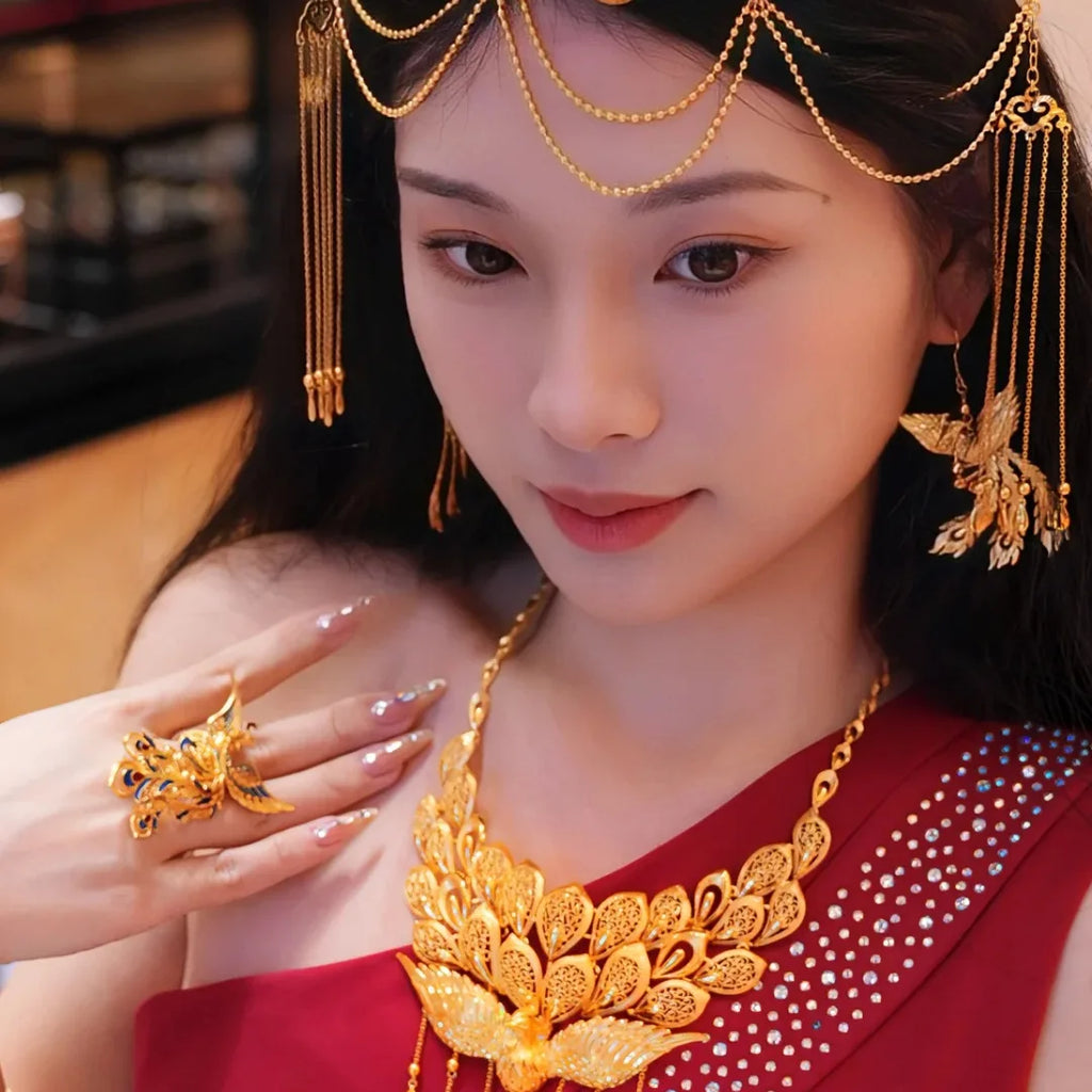 Exquisite Retro Sand Gold Phoenix Exaggerated Ring with Palace Style Gradient Enamel Color Dot Feather Gold Phoenix Ring Qme