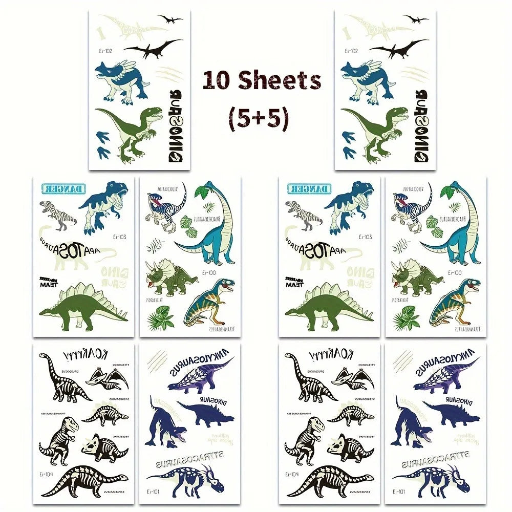 24 Sheets Luminous Dinosaur Temporary Tattoos, Waterproof Glow In The Dark T-Rex Pterosaur Velociraptor Triceratops Stegosaur De Qme 10 Pcs dinosaurs