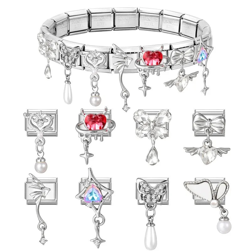Shiny Colorful Zircon Butterfly Heart Planet Italian Charm Links Fit 9mm Stainless Steel Bracelet Women Jewelry DIY Making Gifts Qme