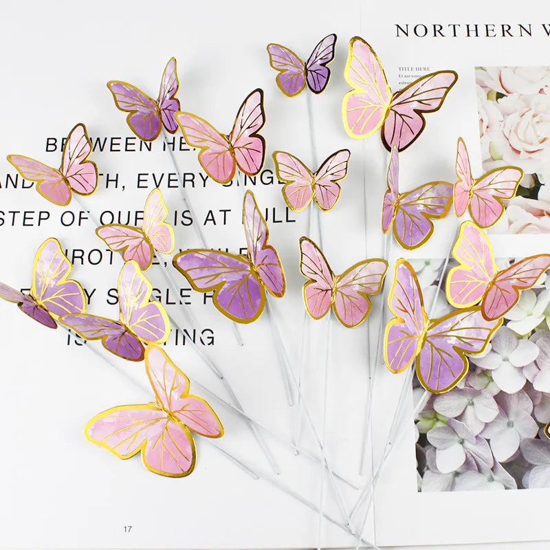 10Pcs/Set Butterfly Cake Toppers Painted Butterfly Birthday Cakes Wedding Party Baking Supplies Fairy Decoration Plug-in Card. Qme