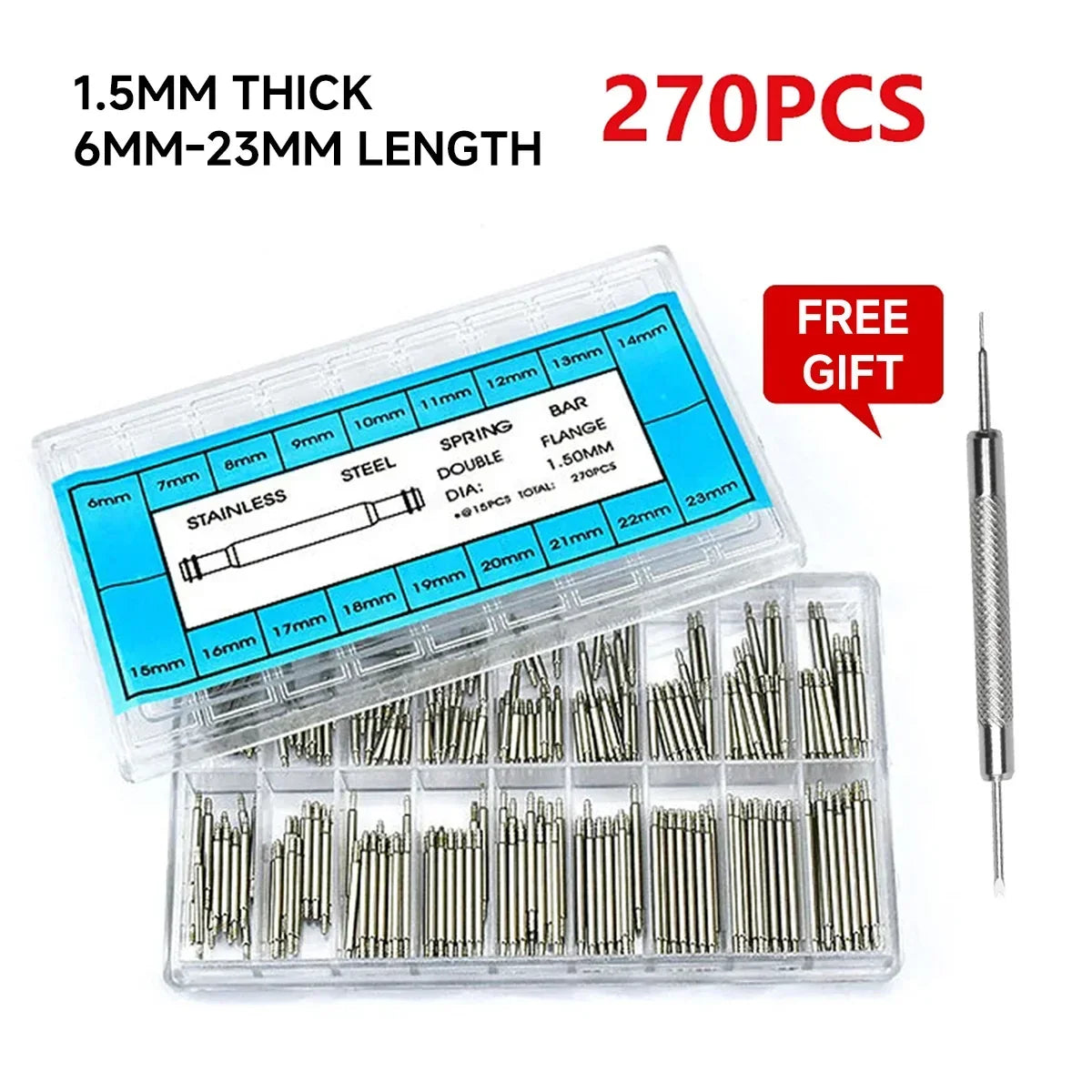 270pcs/set Strainless Steel Spring Bars Dia 1.5mm/1.8mm length8mm - 25mm/6mm - 23mm Watchband Strap Belt Watch Repair Tools Pin Qme 1.5mm 6-23mm