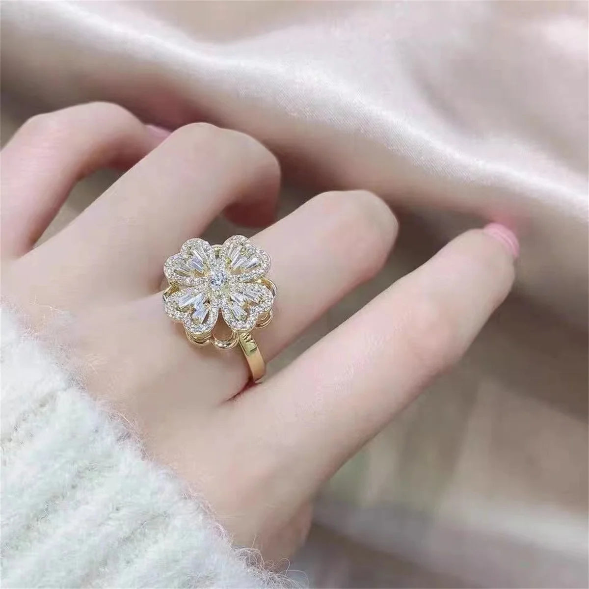 Classic Plant Cubic Zirconia Rings For Women Gold Silver Color Metal Stainless Steel Rotatable Ring Anniversary Crystal Jewelry Qme