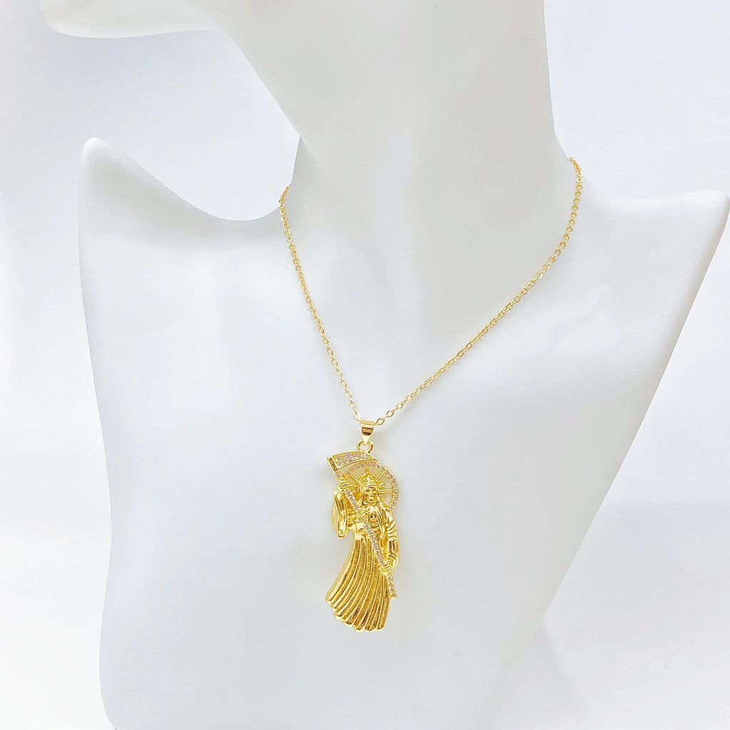 Gold-Plated Religious Medal Zircon Necklace Archangel Saint Michael Santa Muerte Jesus Choker Amulet Jewelry for Men Women New Qme
