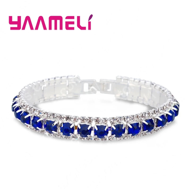 Top Sale 925 Sterling Silver Color Bracelet Full AAA Zircon Austrian Crystal Femme Women Link Chain Jewelry Bangles 14 Colors Qme Dark blue