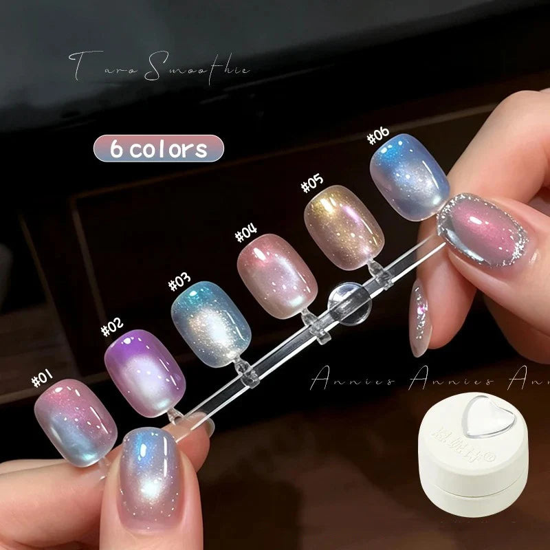 New Cat Eye Nail Gel Polish Set, Taro Purple Milky Shimmer, Magnetic Aurora Glass Bead Effect, Long Lasting Soak Off UV LED Gel Qme