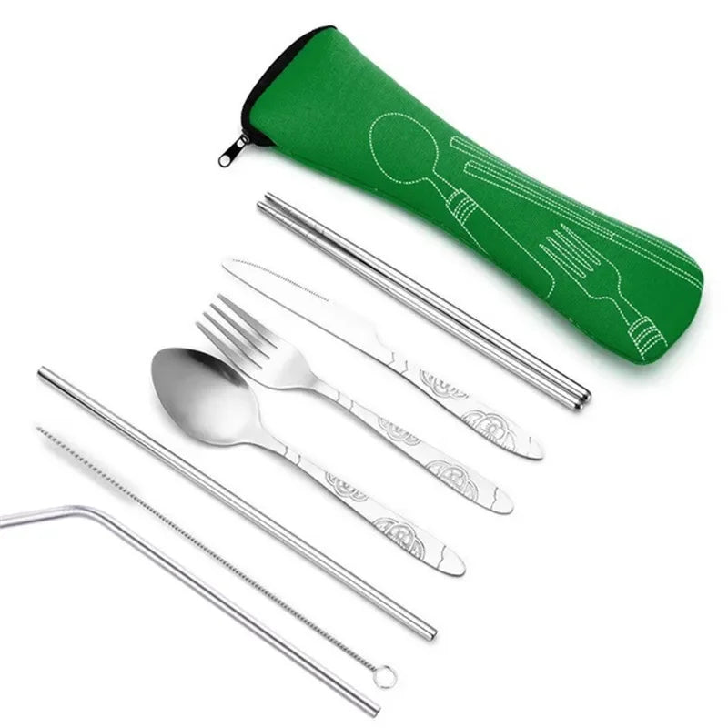 Portable Stainless Steel Cutlery Bag Spoon Fork Knife Chopsticks Qme green