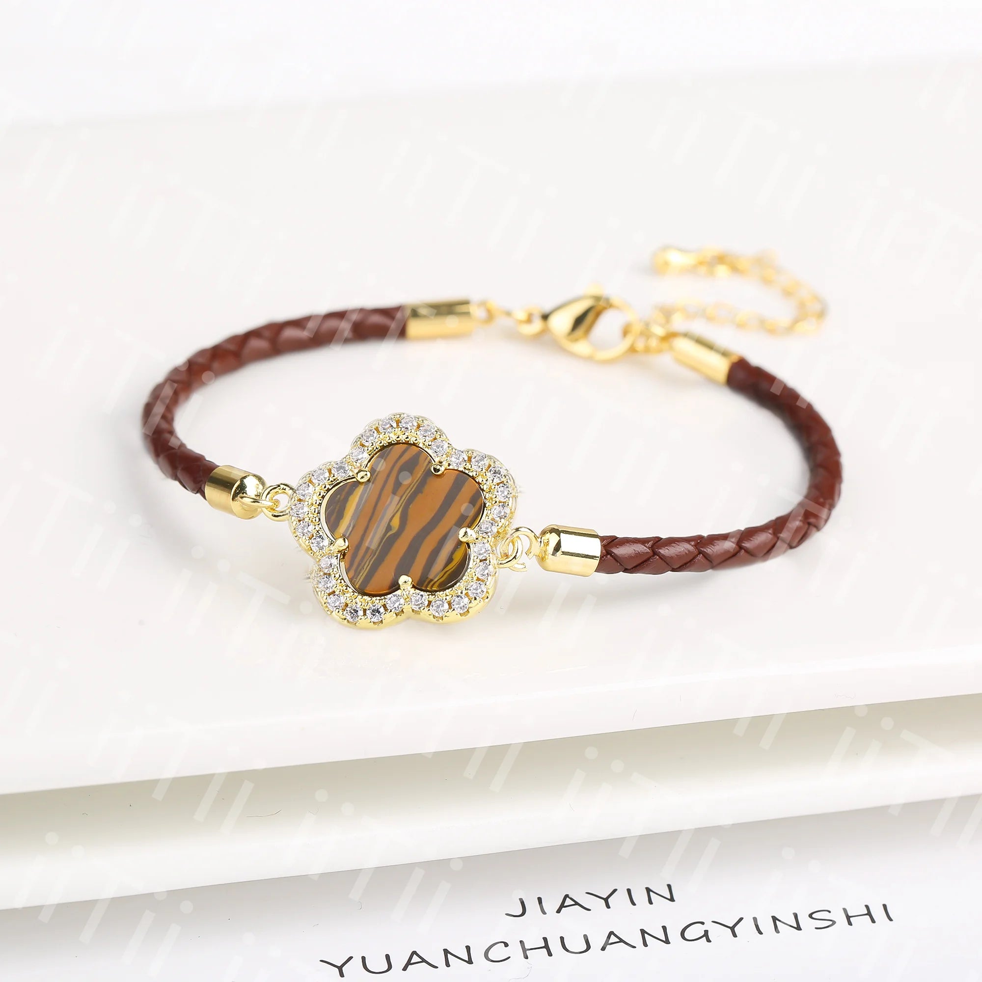 2024 Classic Shiny Zirconia Stone Five Leaf Flower Leather Braided