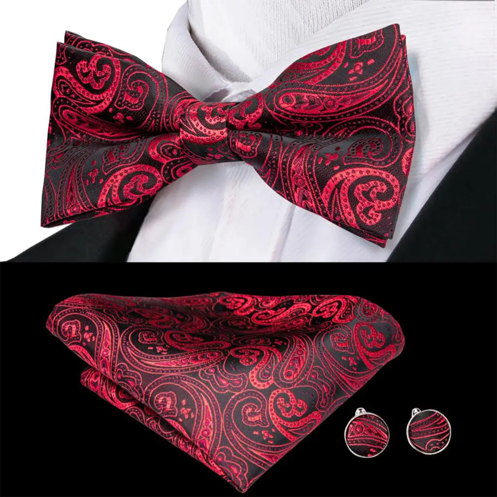 Rose Red Burgundy Maroon Silk Mens Bow Tie Hanky Cufflinks Set Jacquard Pre-tied Butterfly Knot Bowtie for Male Wedding Business Qme LDLH0789