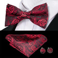 Rose Red Burgundy Maroon Silk Mens Bow Tie Hanky Cufflinks Set Jacquard Pre-tied Butterfly Knot Bowtie for Male Wedding Business Qme LDLH0789
