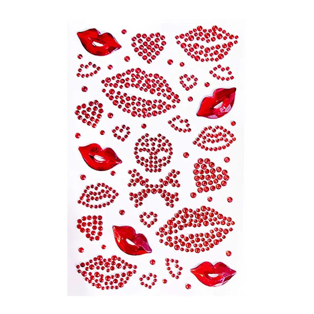 Red Heart Lips Rhinestone Tattoos Self-adhesive Glitter Face Body Qme A